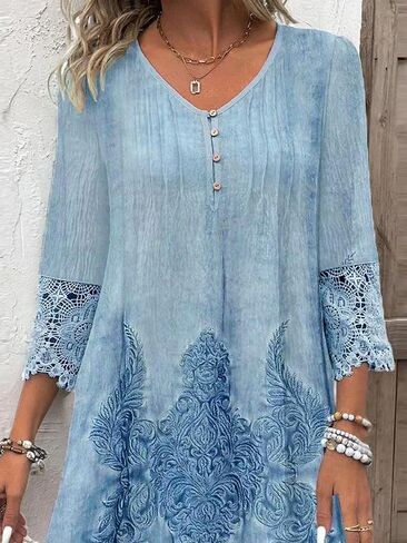 utcoco Womens V-Neck 3/4 Sleeve Summer Dress 2025 Fashion Flower Print Lace Hollow Out Mini Dress in Saudi Arabia