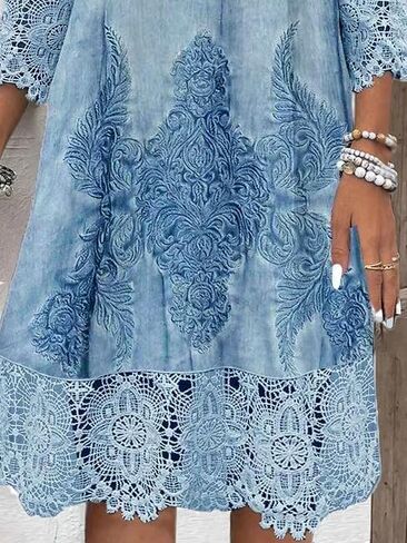 utcoco Womens V-Neck 3/4 Sleeve Summer Dress 2025 Fashion Flower Print Lace Hollow Out Mini Dress in Saudi Arabia