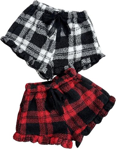 MakeMeChic Women's 2 Pack Y2K Cute Flannel Fuzzy Plaid Ruffle Hem Elastic Waist Pajama Lounge Boxer Shorts in Saudi Arabia