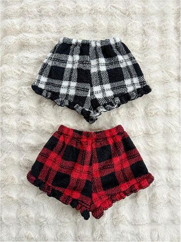 MakeMeChic Women's 2 Pack Y2K Cute Flannel Fuzzy Plaid Ruffle Hem Elastic Waist Pajama Lounge Boxer Shorts in Saudi Arabia