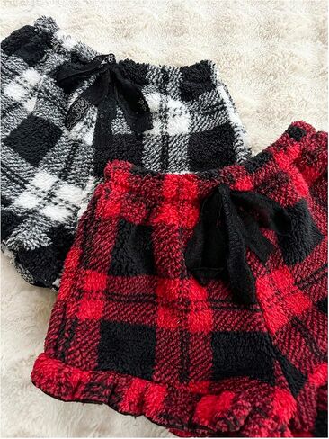 MakeMeChic Women's 2 Pack Y2K Cute Flannel Fuzzy Plaid Ruffle Hem Elastic Waist Pajama Lounge Boxer Shorts in Saudi Arabia