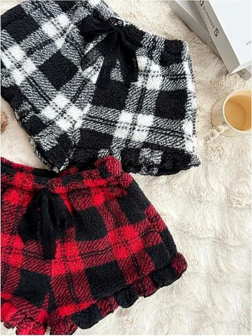 MakeMeChic Women's 2 Pack Y2K Cute Flannel Fuzzy Plaid Ruffle Hem Elastic Waist Pajama Lounge Boxer Shorts in Saudi Arabia