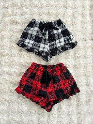MakeMeChic Women's 2 Pack Y2K Cute Flannel Fuzzy Plaid Ruffle Hem Elastic Waist Pajama Lounge Boxer Shorts in Saudi Arabia