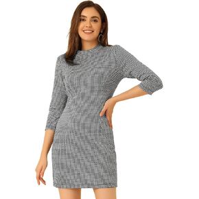 Allegra K Women's Mock Neck 3/4 Sleeve Slim Check Office Work Plaid Dress in Kuwait