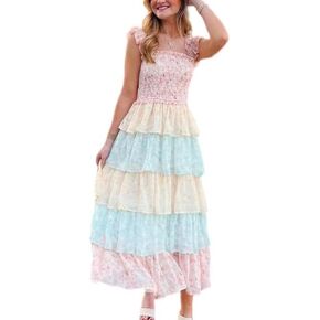 Y2k Patchwork Floral Maxi Dress Boho Flowy Ruffle Tiered Summer Dress Cute Beach Smocked Long Sundresses for Women in Saudi Arabia