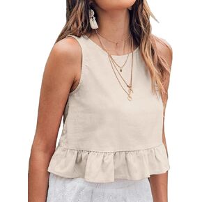 IDEALSANXUN Womens Linen Tank Tops Crewneck Ruffle Cropped Cute Sleeveless Shirts Blouses in Kuwait