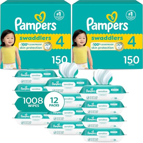Pampers Swaddlers Disposable Baby Diapers Size 5, 2 Month Supply (2 x 132 Count) with Sensitive Water Based Baby Wipes 12X Multi Pack Pop-Top and Refill (1008 Count) in Kuwait