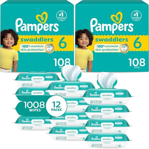 Pampers Swaddlers حفاضات الطفل القابلة للتخلص من الإمداد 5 ، شهرين (2 × 132 عدد) مع مناديل الطفل الحساسة للمياه 12x حزمة متعددة البوب ​​وإعادة الملء (1008 عدد) in Saudi Arabia