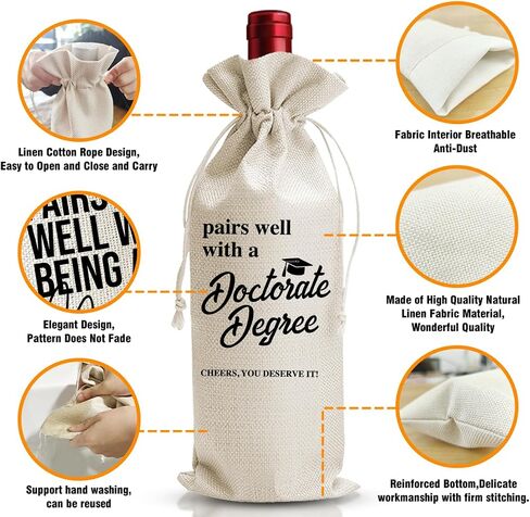 DOI-LANEE Doctorate Degree Graduation Gift Wine Bag, PHD Gifts For Best Friend Her Him, College Graduation Party Favors Supply, Pairs Well With Doctorate Degree, Reusable Linen Wine Bag in Saudi Arabia