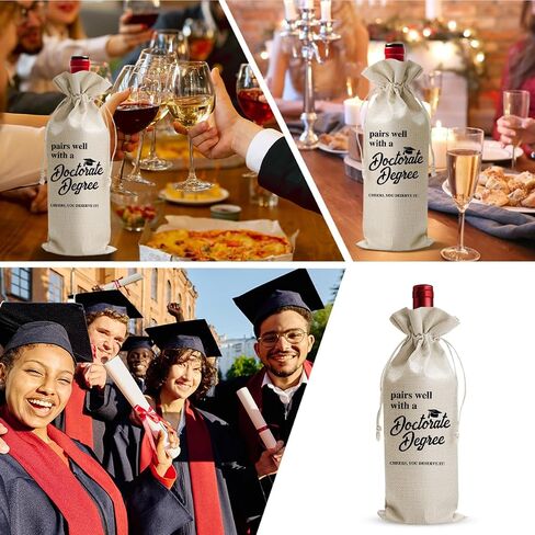 DOI-LANEE Doctorate Degree Graduation Gift Wine Bag, PHD Gifts For Best Friend Her Him, College Graduation Party Favors Supply, Pairs Well With Doctorate Degree, Reusable Linen Wine Bag in Saudi Arabia