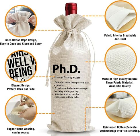 DOI-LANEE Doctorate Degree Graduation Gift Wine Bag, PHD Gifts For Best Friend Her Him, College Graduation Party Favors Supply, Pairs Well With Doctorate Degree, Reusable Linen Wine Bag in Saudi Arabia
