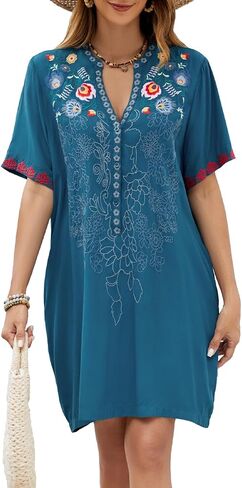 Women's Embroidered Mexican Peasant Dresses Short Sleeve, Plus Size Boho Dress Fiesta Traditional Floral Tunic in Saudi Arabia