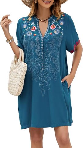 Women's Embroidered Mexican Peasant Dresses Short Sleeve, Plus Size Boho Dress Fiesta Traditional Floral Tunic in Saudi Arabia