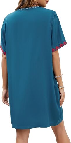 Women's Embroidered Mexican Peasant Dresses Short Sleeve, Plus Size Boho Dress Fiesta Traditional Floral Tunic in Saudi Arabia