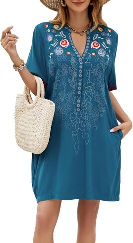 Women's Embroidered Mexican Peasant Dresses Short Sleeve, Plus Size Boho Dress Fiesta Traditional Floral Tunic in Saudi Arabia