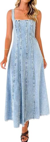 utcoco Jean Dress for Women 2025 Vintage Sleeveless Slim High Waist Frayed Raw Long Maxi Denim Dresses in Saudi Arabia