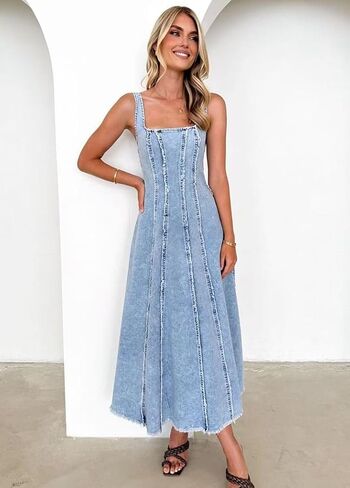 utcoco Jean Dress for Women 2025 Vintage Sleeveless Slim High Waist Frayed Raw Long Maxi Denim Dresses in Saudi Arabia