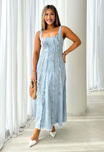 utcoco Jean Dress for Women 2025 Vintage Sleeveless Slim High Waist Frayed Raw Long Maxi Denim Dresses in Saudi Arabia