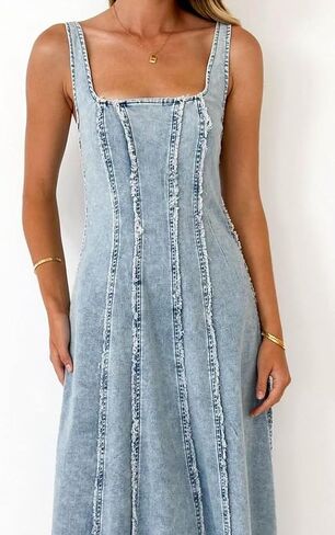utcoco Jean Dress for Women 2025 Vintage Sleeveless Slim High Waist Frayed Raw Long Maxi Denim Dresses in Saudi Arabia