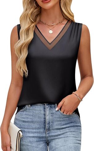 Blooming Jelly Womens Silk Business Dressy Casual Tank Tops Mesh V Neck Sleeveless Summer Blouse Work Pleated Outfits in Saudi Arabia