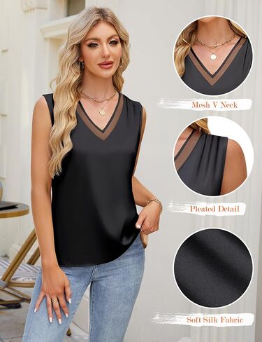 Blooming Jelly Womens Silk Business Dressy Casual Tank Tops Mesh V Neck Sleeveless Summer Blouse Work Pleated Outfits in Saudi Arabia