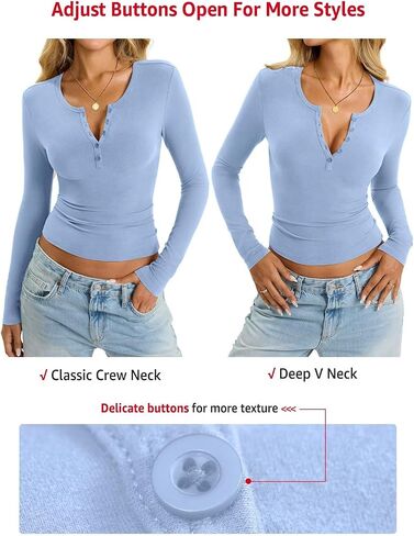Womens Cotton Long Sleeve Shirts V Neck Henley Tops Slim Fit Basic Going Out Tshirts 2025 Fall Fashion Outfits in Saudi Arabia