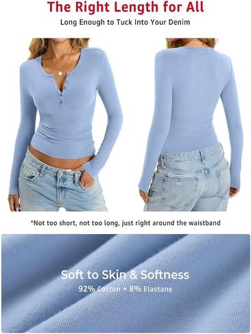 Womens Cotton Long Sleeve Shirts V Neck Henley Tops Slim Fit Basic Going Out Tshirts 2025 Fall Fashion Outfits in Saudi Arabia