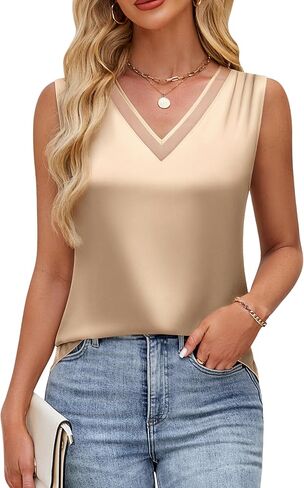 Blooming Jelly Womens Silk Business Dressy Casual Tank Tops Mesh V Neck Sleeveless Summer Blouse Work Pleated Outfits in Saudi Arabia