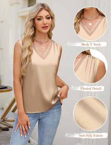 Blooming Jelly Womens Silk Business Dressy Casual Tank Tops Mesh V Neck Sleeveless Summer Blouse Work Pleated Outfits in Saudi Arabia