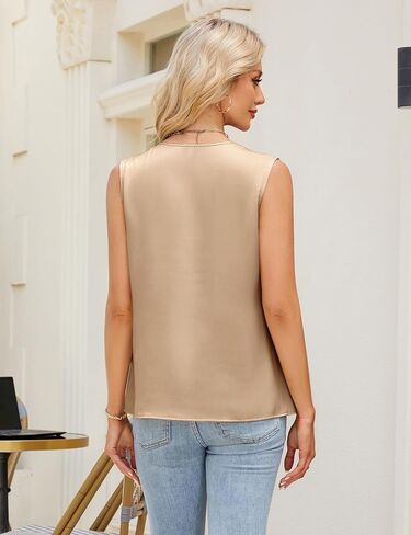 Blooming Jelly Womens Silk Business Dressy Casual Tank Tops Mesh V Neck Sleeveless Summer Blouse Work Pleated Outfits in Saudi Arabia