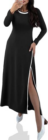 Wenrine Womens Long Sleeve Maxi Dress 2025 Casual Crewneck High Slit A Line Contrast Loose Fall Midi Dresses in Kuwait