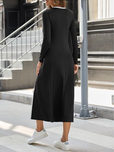 Wenrine Womens Long Sleeve Maxi Dress 2025 Casual Crewneck High Slit A Line Contrast Loose Fall Midi Dresses in Kuwait