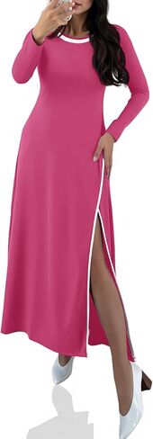 Wenrine Womens Long Sleeve Maxi Dress 2025 Casual Crewneck High Slit A Line Contrast Loose Fall Midi Dresses in Kuwait
