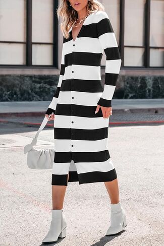PRETTYGARDEN Women's Fall Sweater Dresses 2025 Long Sleeve V Neck Button Ribbed Knit Stripes Bodycon Midi Winter Dress in Kuwait