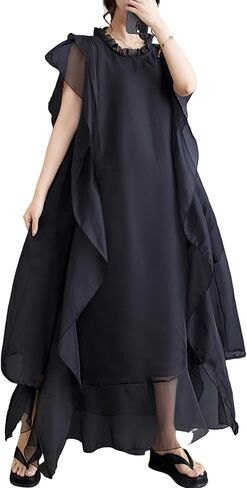 الأكمام القصيرة للسيدات Ellazhu Crewneck Solid Tulle Tulle Chiffon Dress GZ184 A in Saudi Arabia