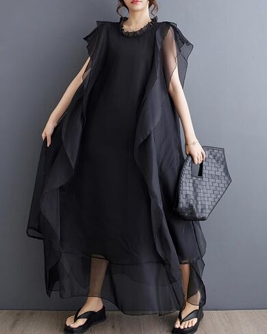 الأكمام القصيرة للسيدات Ellazhu Crewneck Solid Tulle Tulle Chiffon Dress GZ184 A in Saudi Arabia