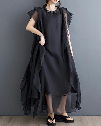 الأكمام القصيرة للسيدات Ellazhu Crewneck Solid Tulle Tulle Chiffon Dress GZ184 A in Saudi Arabia