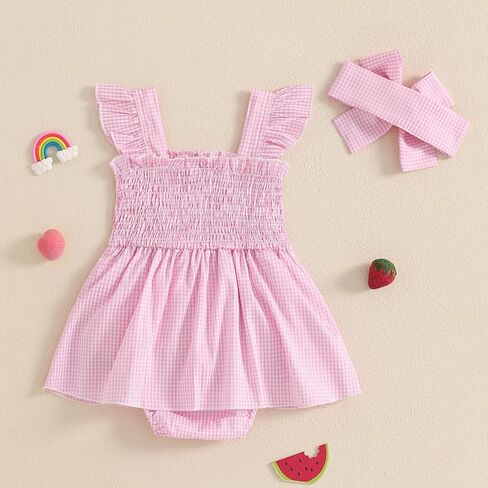 Baby Girl Tank Romper Dress Fruit Print Watermelon Sleeveless Smocked Dress Cherry Embroidery Bodysuit Summer Outfit in Kuwait