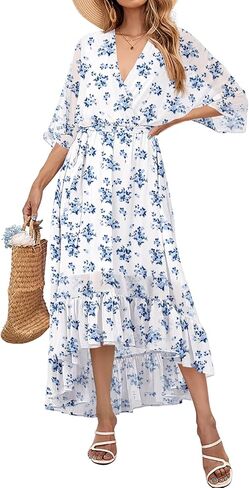 Women's Summer Floral Boho Dress 3/4 Sleeve Wrap V Neck Flowy Casual Loose Wedding Guest Long Maxi Ruffle Dresses in Kuwait