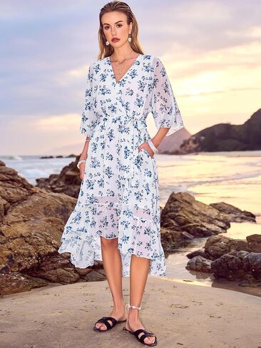 Women's Summer Floral Boho Dress 3/4 Sleeve Wrap V Neck Flowy Casual Loose Wedding Guest Long Maxi Ruffle Dresses in Kuwait