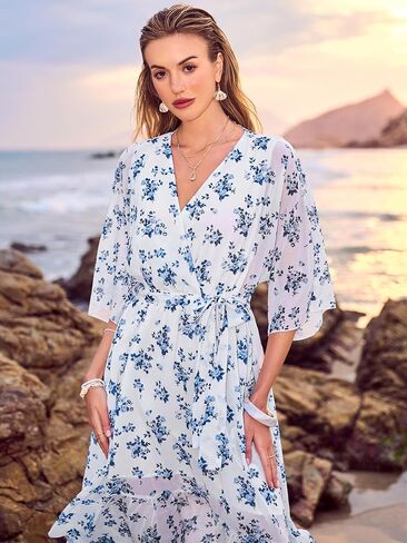 Women's Summer Floral Boho Dress 3/4 Sleeve Wrap V Neck Flowy Casual Loose Wedding Guest Long Maxi Ruffle Dresses in Kuwait