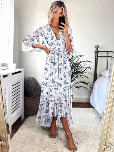Women's Summer Floral Boho Dress 3/4 Sleeve Wrap V Neck Flowy Casual Loose Wedding Guest Long Maxi Ruffle Dresses in Kuwait