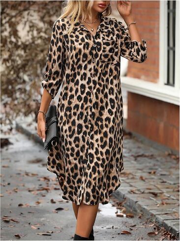 MakeMeChic Women's Leopard Print Dress Button Front 3/4 Roll Sleeve Collared Midi Dresses in Saudi Arabia
