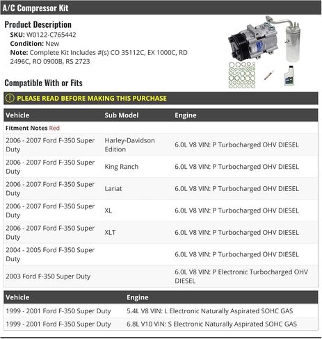 مجموعة ضاغط A/C-متوافقة مع 1999-2001 ، 2003-2007 Ford F-350 Super Duty in Saudi Arabia