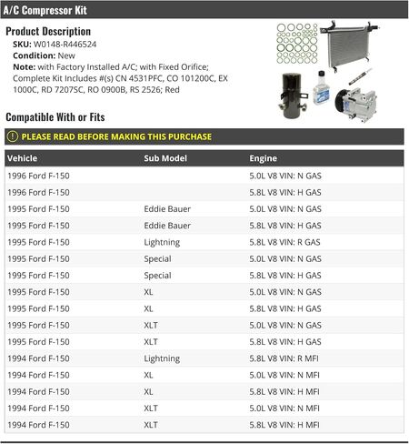 A/C Compressor Kit with Condenser - Compatible with 1994-1996 Ford F-150 V8 (with Factory Installed A/C, with Red Fixed Orifice) in Saudi Arabia