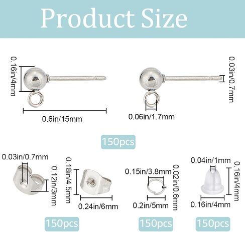 1 Box 150Pcs Ball Earring Posts Silver Stud Earring Findings Hypoallergenic Stainless Steel Earring Studs with Ear Nut and Jump Ring Small Round Earring Posts for Jewelry Making Supplies DIY in Saudi Arabia