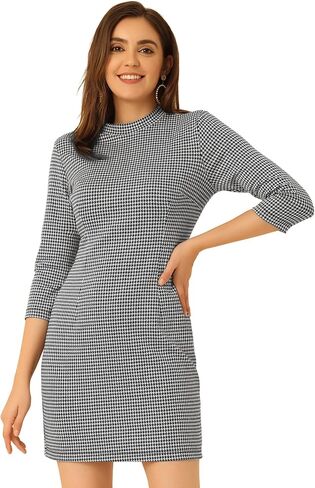 Allegra K Women's Mock Neck 3/4 Sleeve Slim Check Office Work Plaid Dress in Saudi Arabia