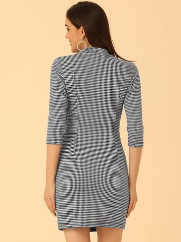 Allegra K Women's Mock Neck 3/4 Sleeve Slim Check Office Work Plaid Dress in Saudi Arabia