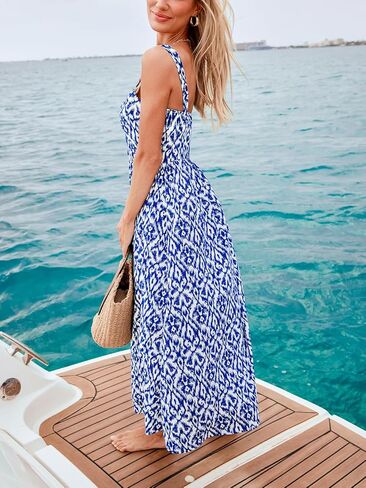 CUPSHE Women Ruffle Summer Dress 2025 Square Neck Straps Button Front Casual Sundress Holiday Vacation Beach Maxi Dress in Saudi Arabia