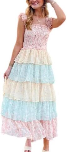 Y2k Patchwork Floral Maxi Dress Boho Flowy Ruffle Tiered Summer Dress Cute Beach Smocked Long Sundresses for Women in Saudi Arabia